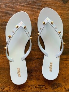 Melissa Lite Blue Jelly Studded Flip Sandals with Gold Accents